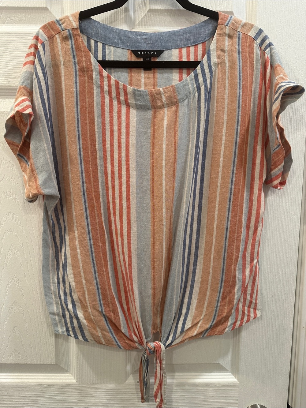 Tribal brand linen-blend short sleeve Tie front blouse size S EUC